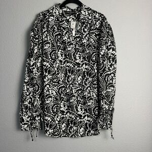 NWT Lane Bryant Floral Blouse Tie Cuff Long Sleeve Top Black White Career 10/12‎